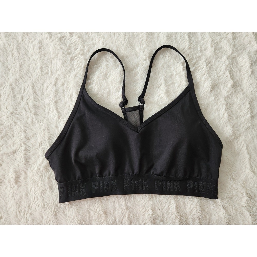 PINK Victoria's Secret Sport Bra Medium Black Strappy Y-Back‎ Light Support Logo